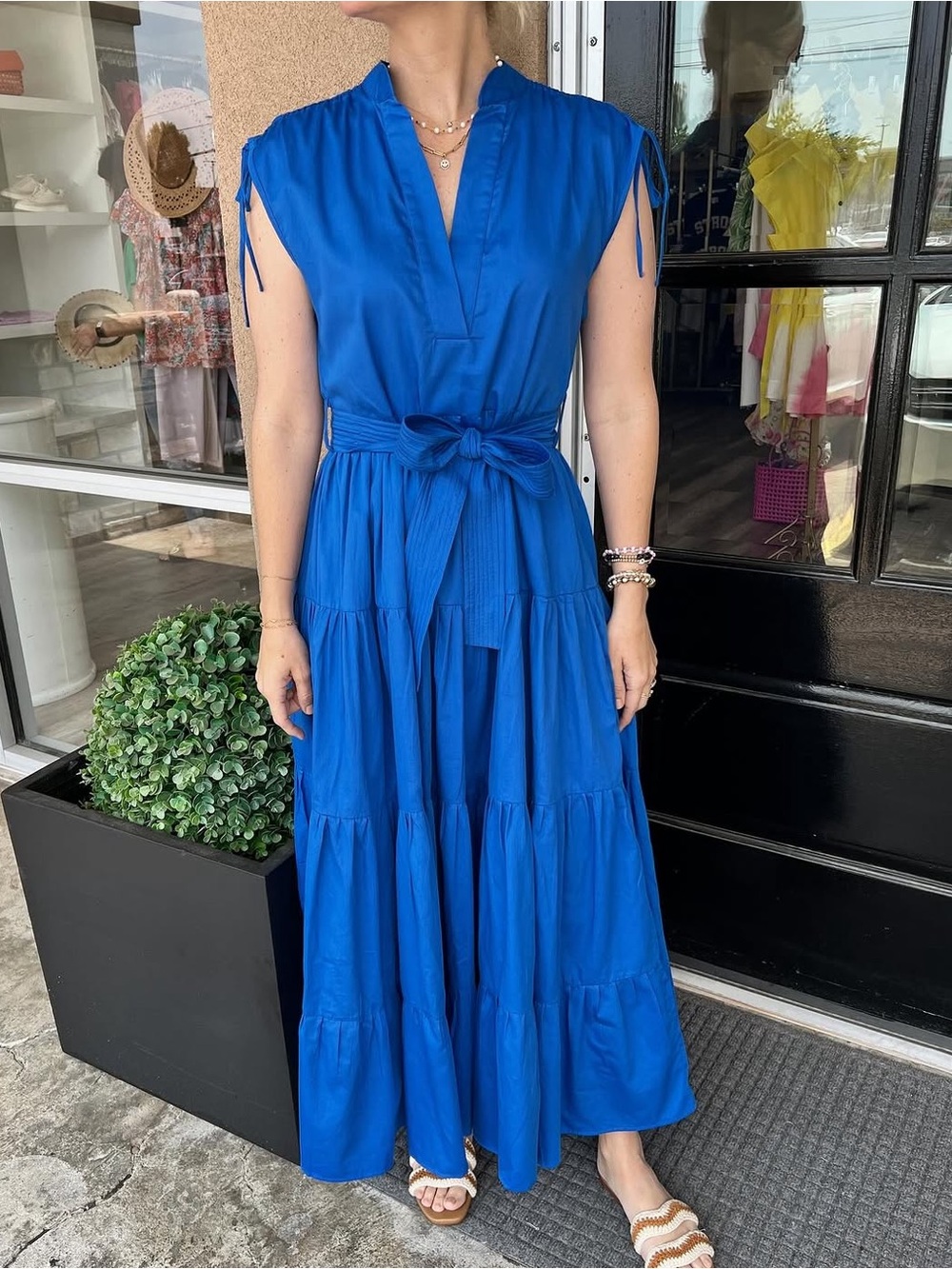 Karina Grimaldi Cobalt Blue V-Neck Tiered Maxi Dress with Waist Tie